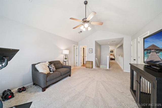 14003 E 87th Pl N, Owasso, OK 74055 - carpeted living area featuring vaulted ceiling and ceiling fan