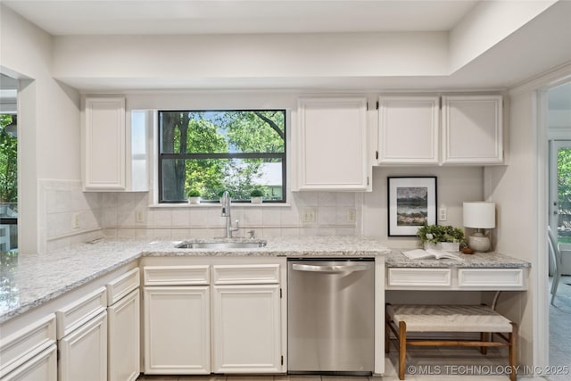 8912 S 70th E Ave, Tulsa, OK 74133 - kitchen featuring dishwasher, light stone counters, decorative backsplash, and white cabinets