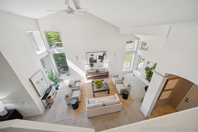 8912 S 70th E Ave, Tulsa, OK 74133 - living area featuring high vaulted ceiling and a ceiling fan