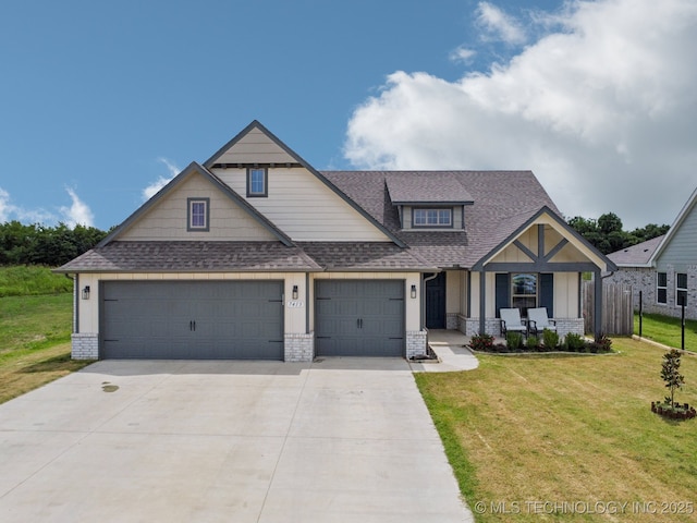 7413 N 160th E Ave, Owasso, OK 74055 - craftsman-style home with a shingled roof, covered porch, concrete driveway, brick siding, and a garage