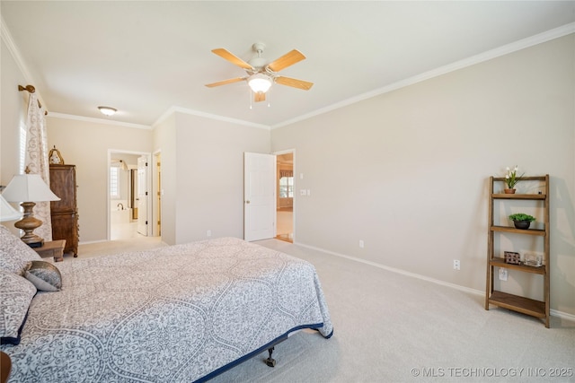 7534 S Hudson Pl, Tulsa, OK 74136 - bedroom featuring ornamental molding, light colored carpet, a ceiling fan, and connected bathroom