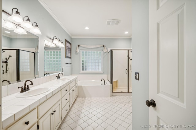7534 S Hudson Pl, Tulsa, OK 74136 - full bath with a shower stall, a garden tub, crown molding, double vanity, and tile patterned floors