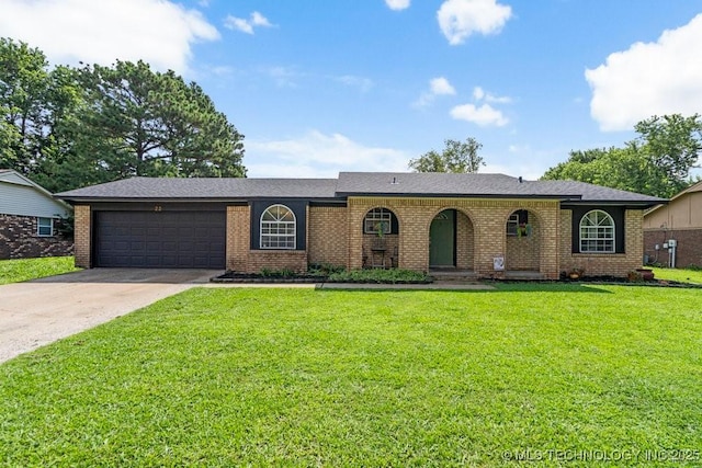 22 Mary St, Kiefer, OK 74041 - ranch-style house featuring concrete driveway, brick siding, an attached garage, and a front lawn