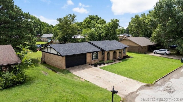 22 Mary St, Kiefer, OK 74041 - view of front of property with brick siding, concrete driveway, a front lawn, an attached garage, and roof with shingles