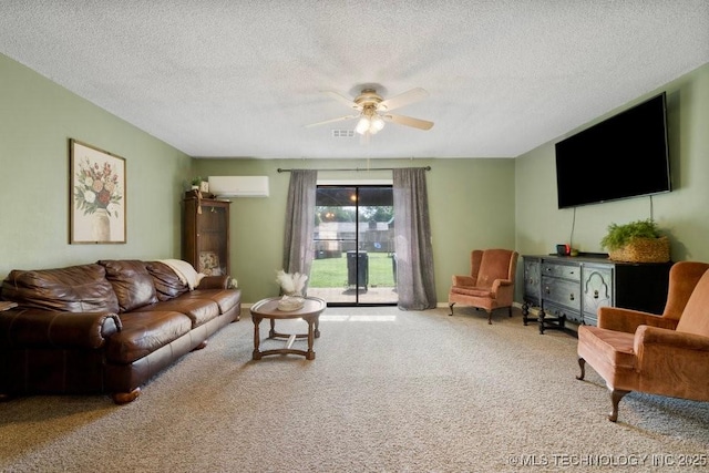 22 Mary St, Kiefer, OK 74041 - living area with carpet flooring, ceiling fan, a wall mounted air conditioner, and a textured ceiling