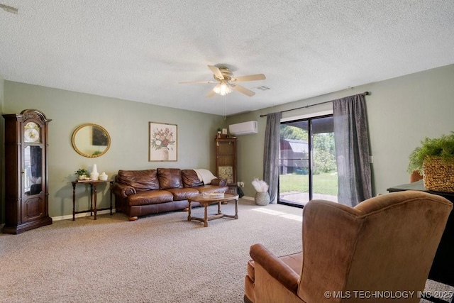 22 Mary St, Kiefer, OK 74041 - carpeted living area featuring a ceiling fan, a textured ceiling, and a wall mounted AC