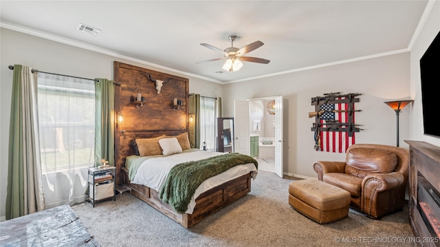 21820 Summit Trl, Claremore, OK 74019 - bedroom featuring multiple windows, light colored carpet, crown molding, ensuite bath, and a ceiling fan