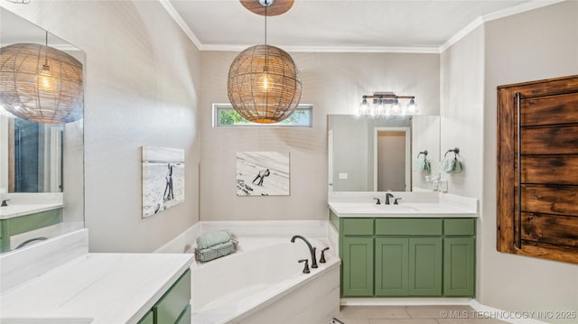 21820 Summit Trl, Claremore, OK 74019 - bathroom with two vanities, a bath, ornamental molding, and tile patterned flooring