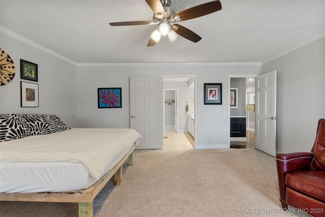 9622 S Maplewood Ave, Tulsa, OK 74137 - bedroom featuring light carpet, crown molding, a textured ceiling, ensuite bathroom, and ceiling fan