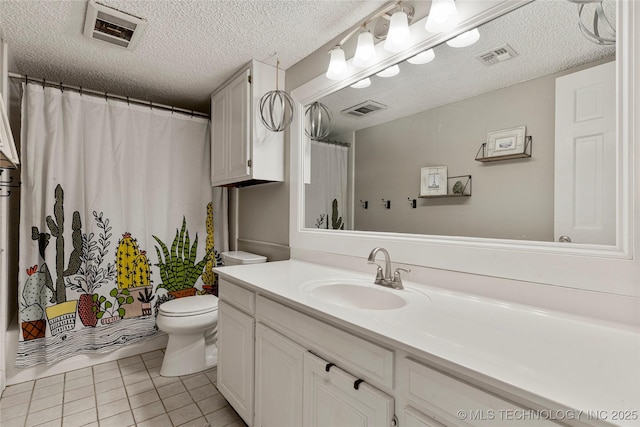 9622 S Maplewood Ave, Tulsa, OK 74137 - bathroom with vanity, a textured ceiling, tile patterned flooring, and curtained shower