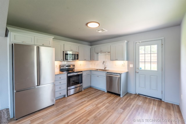 104 Gardenia Pl, Mannford, OK 74044 - kitchen featuring appliances with stainless steel finishes, light wood-style flooring, backsplash, white cabinets, and light stone counters