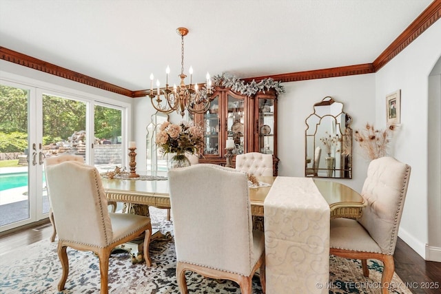 4335 E 87th St, Tulsa, OK 74137 - dining room featuring a chandelier, wood finished floors, ornamental molding, and french doors