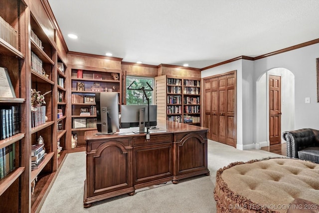 4335 E 87th St, Tulsa, OK 74137 - office space featuring light colored carpet, crown molding, arched walkways, and recessed lighting