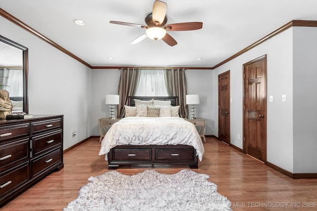 4335 E 87th St, Tulsa, OK 74137 - bedroom with crown molding, light wood finished floors, recessed lighting, and ceiling fan