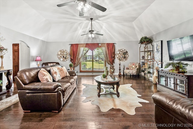 4335 E 87th St, Tulsa, OK 74137 - living room with arched walkways, lofted ceiling, ceiling fan, and wood finished floors