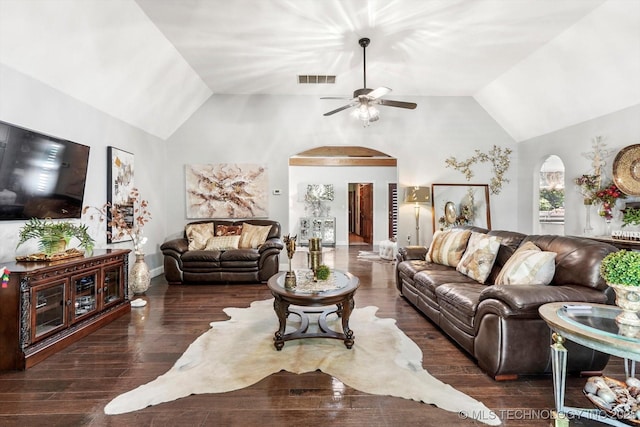 4335 E 87th St, Tulsa, OK 74137 - living area with arched walkways, wood finished floors, a ceiling fan, and high vaulted ceiling