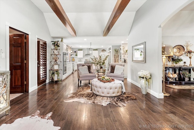 4335 E 87th St, Tulsa, OK 74137 - sitting room featuring beamed ceiling, arched walkways, hardwood / wood-style floors, high vaulted ceiling, and recessed lighting