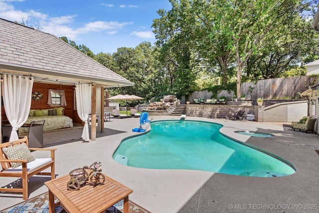 4335 E 87th St, Tulsa, OK 74137 - view of swimming pool with a patio area, a fenced backyard, and an in-ground hot tub