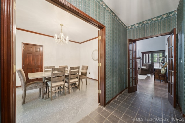 10102 N 147th E Ave, Owasso, OK 74055 - dining space with a chandelier, wallpapered walls, crown molding, and french doors