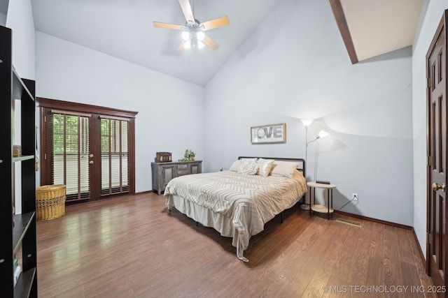 10102 N 147th E Ave, Owasso, OK 74055 - bedroom with high vaulted ceiling, wood finished floors, ceiling fan, and french doors