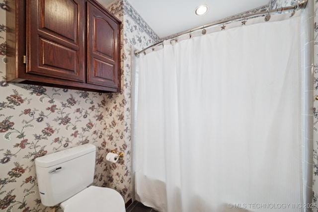 10102 N 147th E Ave, Owasso, OK 74055 - bathroom with wallpapered walls, recessed lighting, and curtained shower