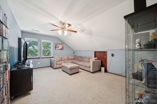 10102 N 147th E Ave, Owasso, OK 74055 - living area with carpet floors, a ceiling fan, and vaulted ceiling