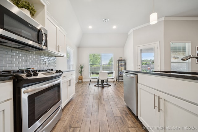 2618 W 115th St S, Jenks, OK 74037 - kitchen with appliances with stainless steel finishes, dark countertops, wood finished floors, plenty of natural light, and lofted ceiling