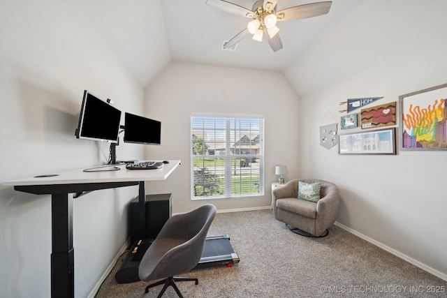 2618 W 115th St S, Jenks, OK 74037 - office area featuring a ceiling fan, carpet flooring, and lofted ceiling