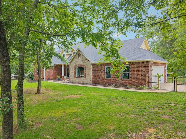 4852 E Redbud Dr, Claremore, OK 74019 - view of front of property with an attached garage, roof with shingles, a gate, stone siding, and brick siding