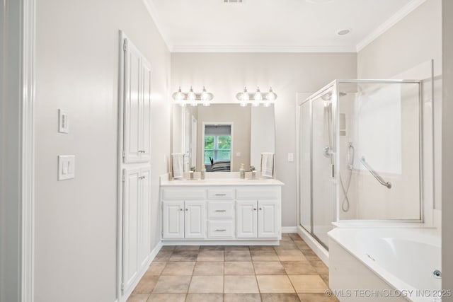 4852 E Redbud Dr, Claremore, OK 74019 - ensuite bathroom featuring a shower stall, a bath, double vanity, crown molding, and tile patterned floors