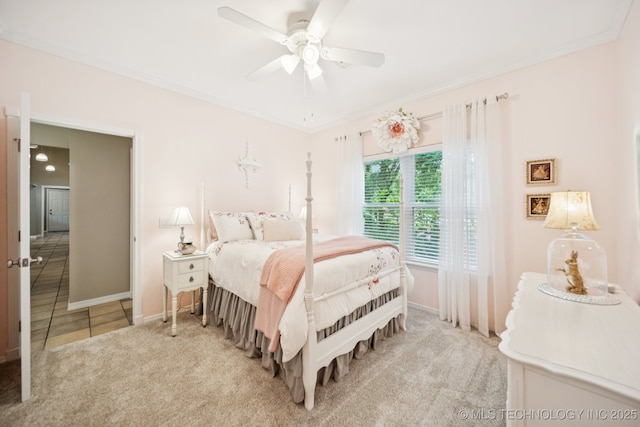 4852 E Redbud Dr, Claremore, OK 74019 - carpeted bedroom featuring a ceiling fan, crown molding, and tile patterned floors