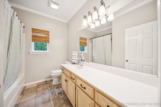 4852 E Redbud Dr, Claremore, OK 74019 - bathroom featuring vanity, healthy amount of natural light, crown molding, stone finish flooring, and shower / tub combo with curtain