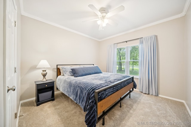 4852 E Redbud Dr, Claremore, OK 74019 - bedroom with light carpet, crown molding, and a ceiling fan