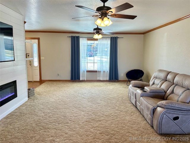 215 Belt St, Eufaula, OK 74432 - carpeted living room with crown molding, a large fireplace, a textured ceiling, and ceiling fan