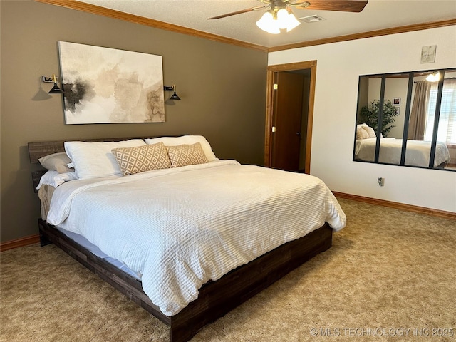 215 Belt St, Eufaula, OK 74432 - bedroom featuring carpet flooring, ornamental molding, and a ceiling fan