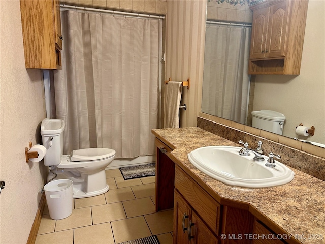 215 Belt St, Eufaula, OK 74432 - bathroom with vanity, tile patterned floors, and a shower with shower curtain