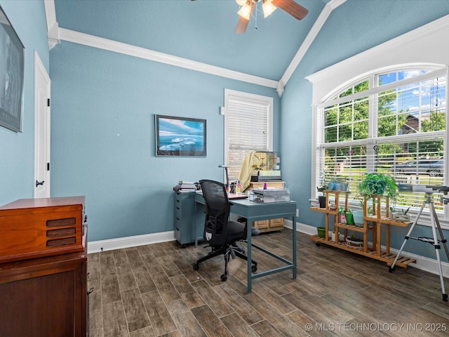 5719 Nottingham Pl, Bartlesville, OK 74006 - office featuring lofted ceiling, ornamental molding, a ceiling fan, and dark wood-style floors