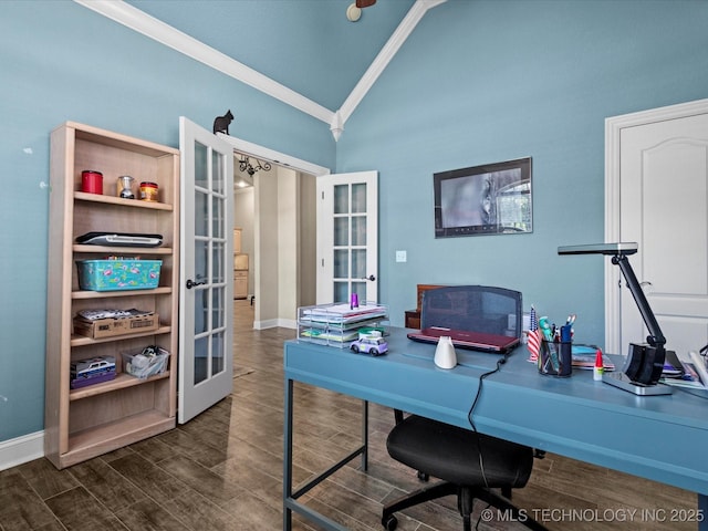 5719 Nottingham Pl, Bartlesville, OK 74006 - office space featuring french doors, crown molding, dark wood-type flooring, and high vaulted ceiling