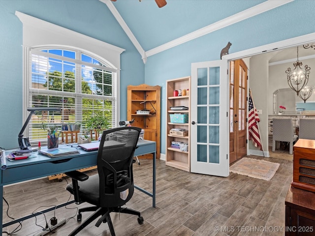 5719 Nottingham Pl, Bartlesville, OK 74006 - office space with french doors, ornamental molding, wood finished floors, a chandelier, and a ceiling fan