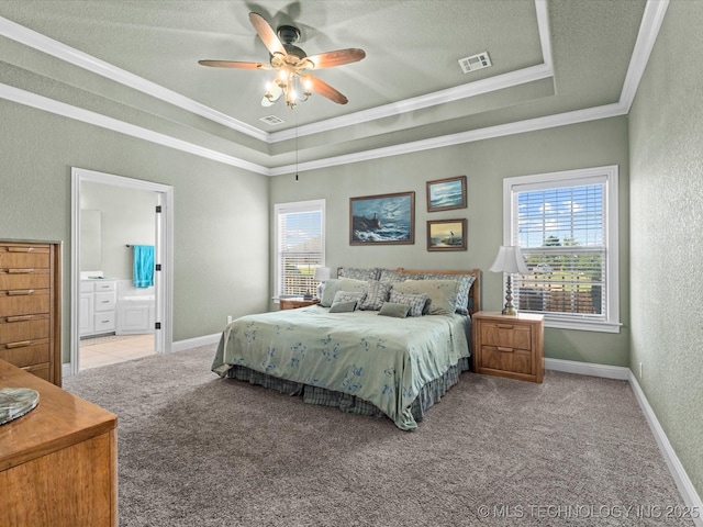 5719 Nottingham Pl, Bartlesville, OK 74006 - bedroom featuring ornamental molding, a raised ceiling, carpet floors, a textured wall, and a textured ceiling