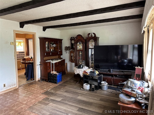 4950 E 41st St N, Tulsa, OK 74115 - living area featuring beam ceiling, wood finished floors, and a textured ceiling