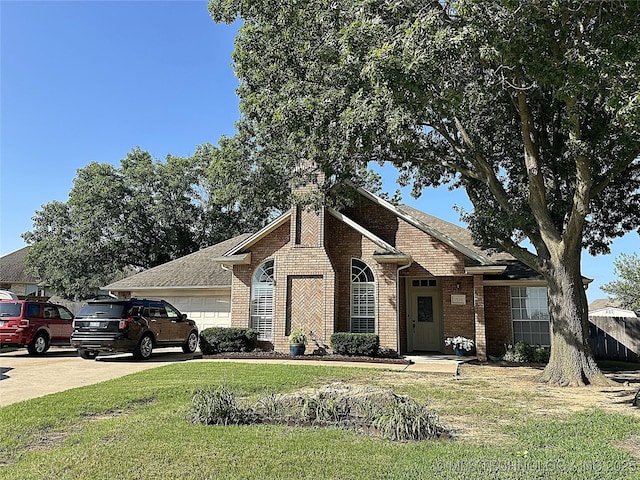 1530 Persimmon, Ardmore, OK 73401 - view of front of house with brick siding, a front yard, a garage, roof with shingles, and a chimney