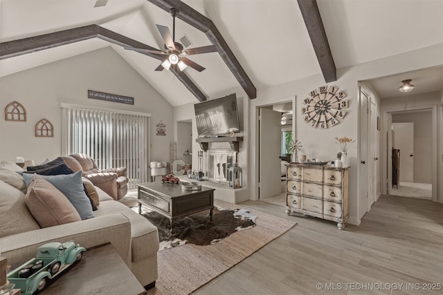15917 E 131st St Unit 93, Broken Arrow, OK 74011 - living room featuring ceiling fan, light wood-style flooring, beamed ceiling, and high vaulted ceiling