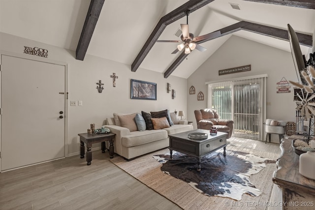 15917 E 131st St Unit 93, Broken Arrow, OK 74011 - living area with a ceiling fan, light wood-style flooring, beamed ceiling, and high vaulted ceiling