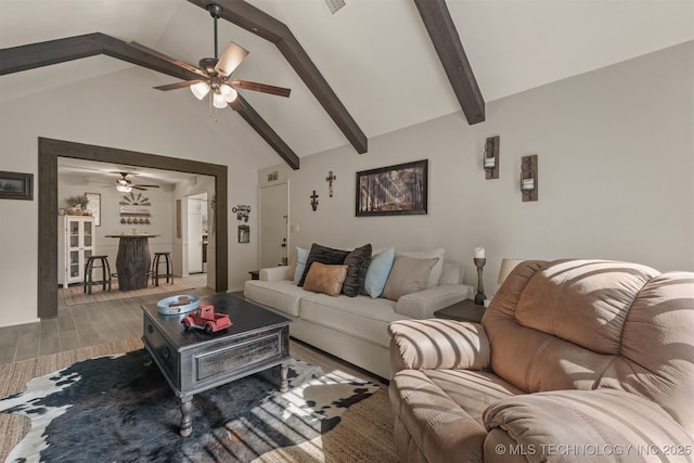 15917 E 131st St Unit 93, Broken Arrow, OK 74011 - living room with a ceiling fan, wood finished floors, beamed ceiling, and high vaulted ceiling