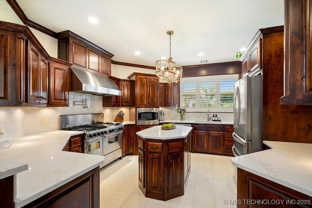 6797 Hummingbird Ct, Owasso, OK 74055 - kitchen featuring under cabinet range hood, appliances with stainless steel finishes, crown molding, a chandelier, and decorative light fixtures