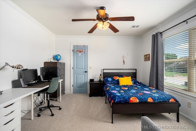 6797 Hummingbird Ct, Owasso, OK 74055 - bedroom with light carpet, crown molding, a desk, and a ceiling fan