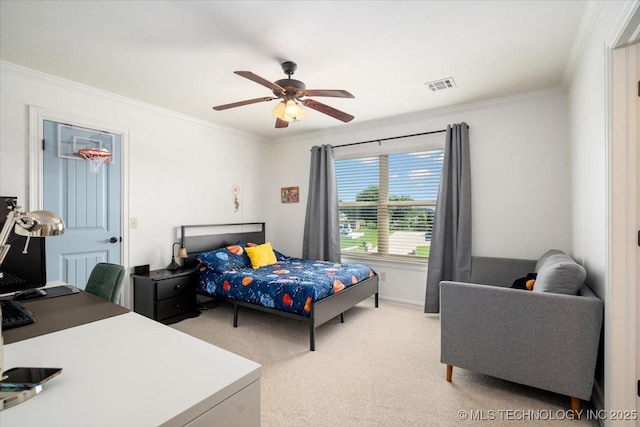 6797 Hummingbird Ct, Owasso, OK 74055 - bedroom featuring crown molding, light carpet, and ceiling fan