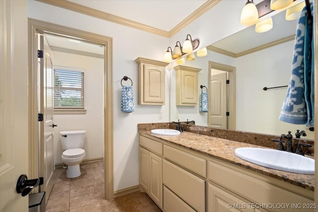 6797 Hummingbird Ct, Owasso, OK 74055 - full bathroom featuring double vanity, ornamental molding, and tile patterned floors