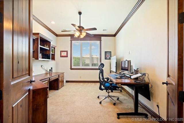 6797 Hummingbird Ct, Owasso, OK 74055 - office with light colored carpet, crown molding, and a ceiling fan